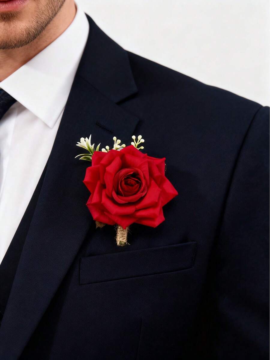 1pc Nature-Inspired Artificial Rose Flower Leaf Fruit Decor Boutonniere, Suitable For Wedding, Party, Banquet And Other Occasions Valentine's Day Accessories - Red - View 1
