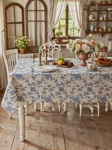 1 pieza Mantel con estampado floral de rosa azul vintage elegante, cubierta de mesa rectangular lavable para mesa de comedor, mesa de café, mesita de noche, mesa redonda, decoración del hogar, adecuado para comidas familiares, cocina, cena, fiesta, boda, camping, picnic, todas las estaciones, primavera/verano - azul y blanco - Ver 9
