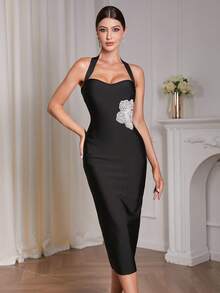 Women's Halter Backless Sleeveless 3D Floral Beaded Embroidery Patchwork Bandage Dress, Elegant Back Slit Bodycon Dresses For Ladies, Cocktail Dress,Luxury Celebrity Runway Dress,Party Dress,Evening Dress,New Year Dress For Women