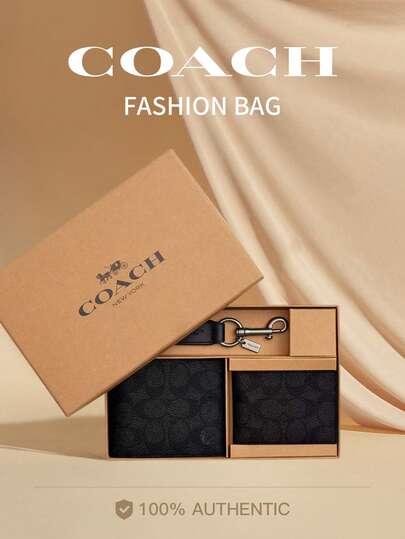 Coach Boxed 3-In-1 Wallet Gift Set For Men Leather Wallet With ID Window,RFID Blocking Bifold Stylish Wallet With Trigger Valet Key Fob