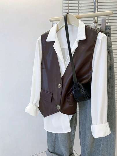 Plus Size Women Vest Jacket, Fashionable Design, Elegant, Versatile, Slimming, PU Leather, Faux Pockets