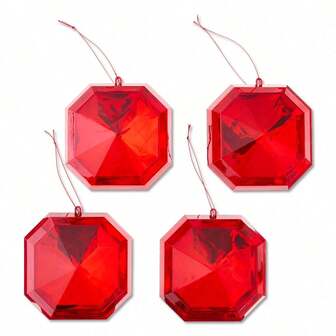Red Square Gem Christmas Ornaments, 4 Count – Faceted Gem-Shaped Holiday Decorations, Shimmering Red Ornaments For Christmas Tree, Wreath, Or Garland