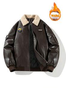 Womens Casual Bomber Jacket With Shearling Collar Long Sleeve PU Leather Warm Lined Plain Outerwear With Pockets - 咖啡棕 - 查看 4