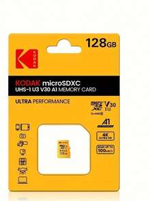 Kodak 柯达耐用高速 32GB 64GB128GB 256GB Micro SD 卡，防水，Class 10 U3，非常适合 4K 高清拍摄和广泛兼容性+适配器 - 黃色 - 查看 4