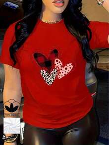 Camiseta casual de mujer, 100% algodón, con estampado gráfico de corazón, camiseta de manga corta con cuello redondo casual y cómoda, ropa de primavera y verano, adecuada para cualquier ocasión, color sólido, casual, uso diario. - Rojo - Ver 2