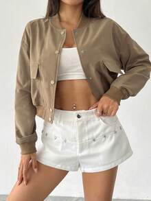 Chaqueta piloto oversize informal con botones y hombros caídos para mujer, Chaqueta de mujer, chaqueta corta de mujer - Caqui - Ver 4