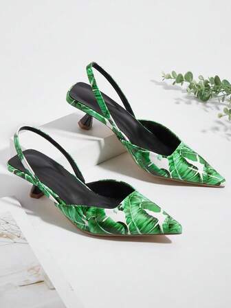 Women's Leaf Print Kitten Heel Shoes, Elegant Pointed Toe High Heels, Fashion Ankle Strap High Heels (Random Cut)