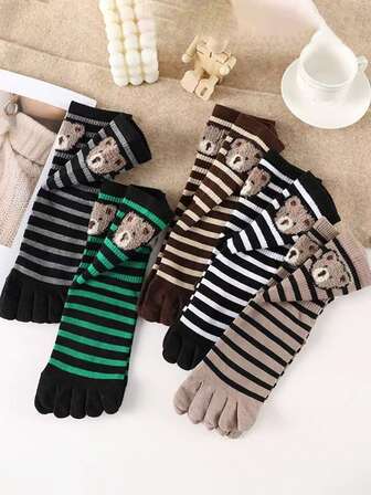 5 Pairs Cotton Blend Ankle Socks, Striped Cartoon Bear Design, Moisture-Wicking, Versatile, Autumn/Winter