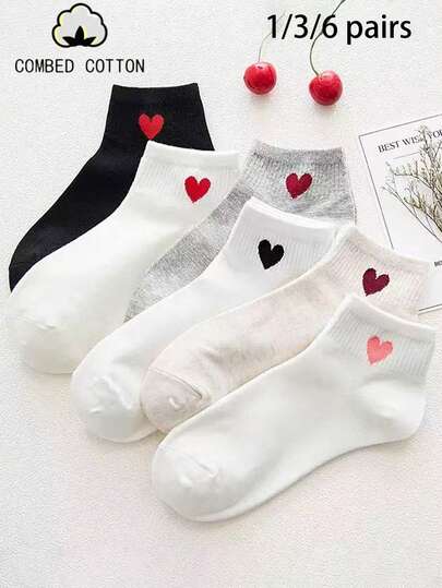 3 perechi/pachet șosete casual din bumbac pentru femei, până la jumătatea gambei, design drăguț cu inimă, culoare solidă, potrivite pentru diverse ocazii, toamnă/iarnă