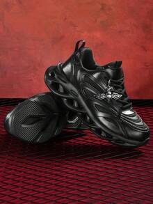 5厘米增高女式时尚休闲运动鞋，配有可拆卸3D金属银色闪亮万圣节骷髅装饰链，朋克风高底EVA厚底轻便减震防滑透气网面夏季凉鞋，圆头系带黑色大码鞋，适合大学生、青少年日常穿着，也适合约会、健身、办公等场合。 - 黑色 - 查看 7