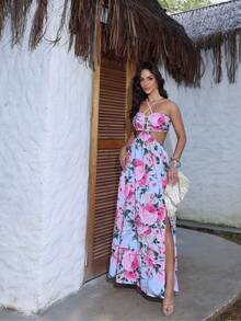 Long Summer Dress With Drawstring Detail, All-Over Floral Print, Leaf Fabric, Side Opening, Long Dress, Beach Vacation - Azul - Ver 1