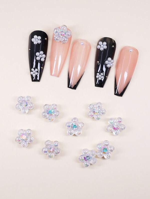 10 قطع من الزينة المعدنية المطعمة باللؤلؤ والراين بشكل زهرة ثلاثية الأبعاد لتزيين الأظافر، ألوان متنوعة مناسبة للحفلات والسهرات