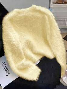 White Mink Cashmere Sweater For Women, Short Knitted Top, Elegant Daily Wear, Autumn/Winter - Light Yellow - View 2