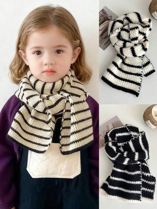 1 pièce Classique Écharpe tour de cou tricotée rayée noir et blanc, douce et agréable à la peau, convient pour le port quotidien, l'école, l'extérieur, les fêtes de campus, accessoire mode pour enfants en automne/hiver
