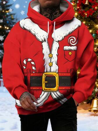 圣诞风男士加大码圣诞老人数码印花前抽绳套头卫衣，通体印花，秋季款