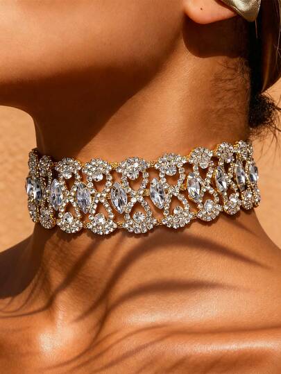 1 Stück schwarze Mode Kristall Strass Choker Halskette, Kragen Halskette für Frauen