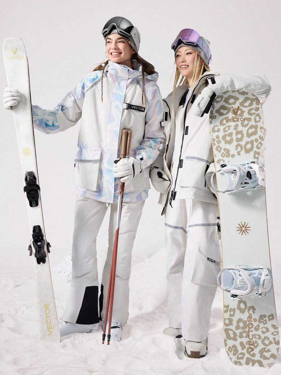 VECTOR MOTION 撞色连帽滑雪服，男女通用，带衬垫，耐磨，弹力轻盈抓绒面料，适合单板/双板滑雪 - 藍白色 - 查看 1