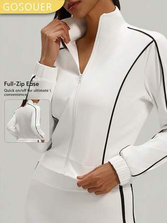 GOSOUER Chaqueta deportiva de mujer con cremallera completa, cuello alto y ribetes contrastantes para fitness, yoga, running y entrenamiento al aire libre