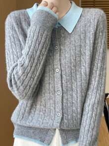 Women Cardigans - Gray Blue Collar - View 5