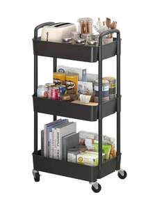 Carrito organizador plástico de 3 niveles, versátil con ruedas para cocina, baño, oficina y sala, fácil de armar, móvil y multifuncional, ideal para jóvenes, carrito de maquillaje, organizador de pañales y más - Negro - Ver 1