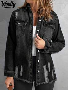 Plus Size Women Casual Distressed Frayed Denim Jacket - Black - View 2