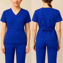 Women's Casual V-Neck Short Sleeve Solid Microfiber Workwear Uniform Set With Pockets And Trousers - 寶藍色 - 查看 2