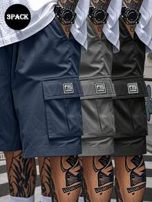 3pcs Men's Cargo Shorts With Multiple Pockets Men's Loose, Non-Elastic, Solid Color Multi-Pocket Work Shorts - Casual, Loose Shorts For Casual Wear, Summer Casual Wear Shorts Cropped Pants - 藍+灰+黑 - 查看 1