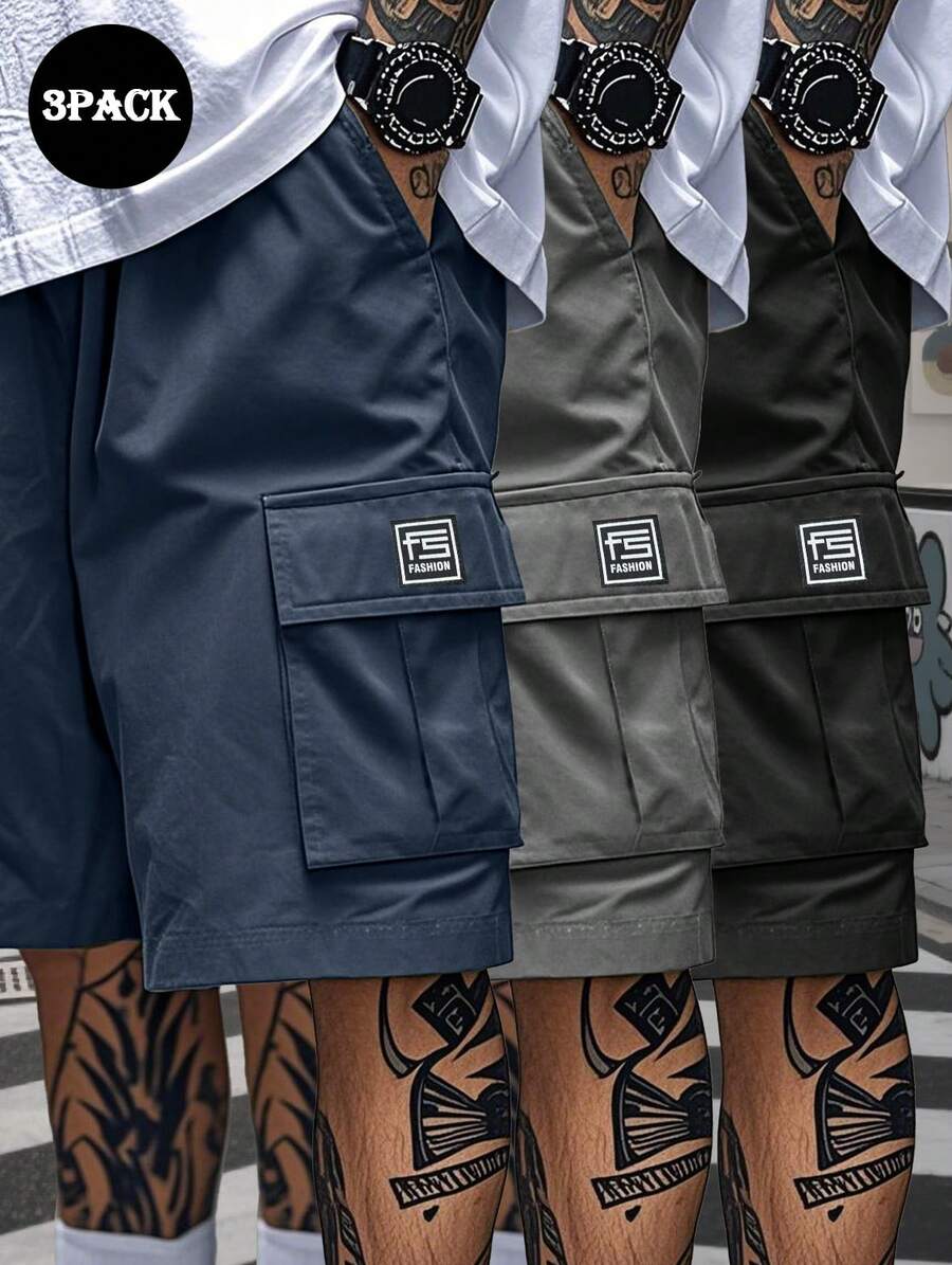 3pcs Men's Cargo Shorts With Multiple Pockets Men's Loose, Non-Elastic, Solid Color Multi-Pocket Work Shorts - Casual, Loose Shorts For Casual Wear, Summer Casual Wear Shorts Cropped Pants - 藍+灰+黑 - 查看 1