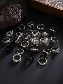 24 buah Cincin Logam Geometris Modis, Cincin Hitam Tidak Dapat Disetel, Perhiasan Pesona Hip-Hop Punk Pria - Antique Silver - View 3