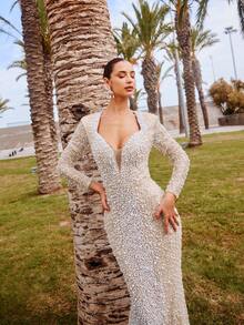 Faeriesty Glamour Elegant Mermaid Evening Gown With All-Over Sparkling Sequin & Faux Pearl Accents, Long Sleeve Deep V-Neck, Slim-Fit Waist, Fish-Tail Dress – Ideal For Weddings, Evening Galas, Red-Carpet Events & Award Ceremonies Outfit Party Formal - Champagne - View 8