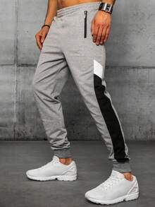 Men's Jogging Pants With Elastic Waistband And Adjustable Drawstring, Sweatpants With Zippered Pockets And Decorative Inserts, Cut For Comfort And Suitable For Everyday Wear, Ideal For Sports Activities, The Gym And Relaxing - Light Grey - View 2