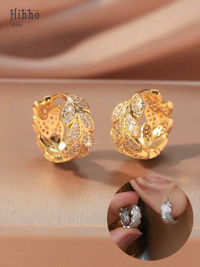 Hihho 一对优雅的锆石镶嵌叶形耳环，精致优雅的女士日常配饰