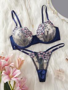 2 piezas Conjunto de lencería semitransparente con bordado floral azul marino sexy para mujer - Multicolor - Ver 4
