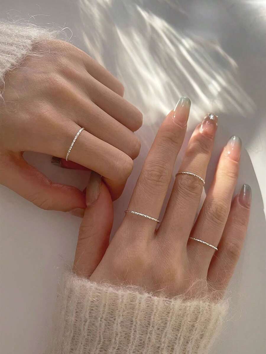 Nooxian 4件套精致水钻指节戒指套装，银色调中指戒指 - 銀色 - 查看 1