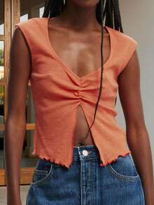 Women Tank Tops V Neck Sleeveless Ruched Slim Fit High Slit Hem Summer Cropped Vest Shirts - Merah jingga - View 3