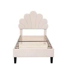 Upholstered Double Bed 140 X 200 Cm, Bed Frame With Flower-Shaped Headboard And Slatted Frame, Adult/Youth Bed In Skin-Friendly Velvet Fabric, Guest Bed Bean Red - Beige - View 4