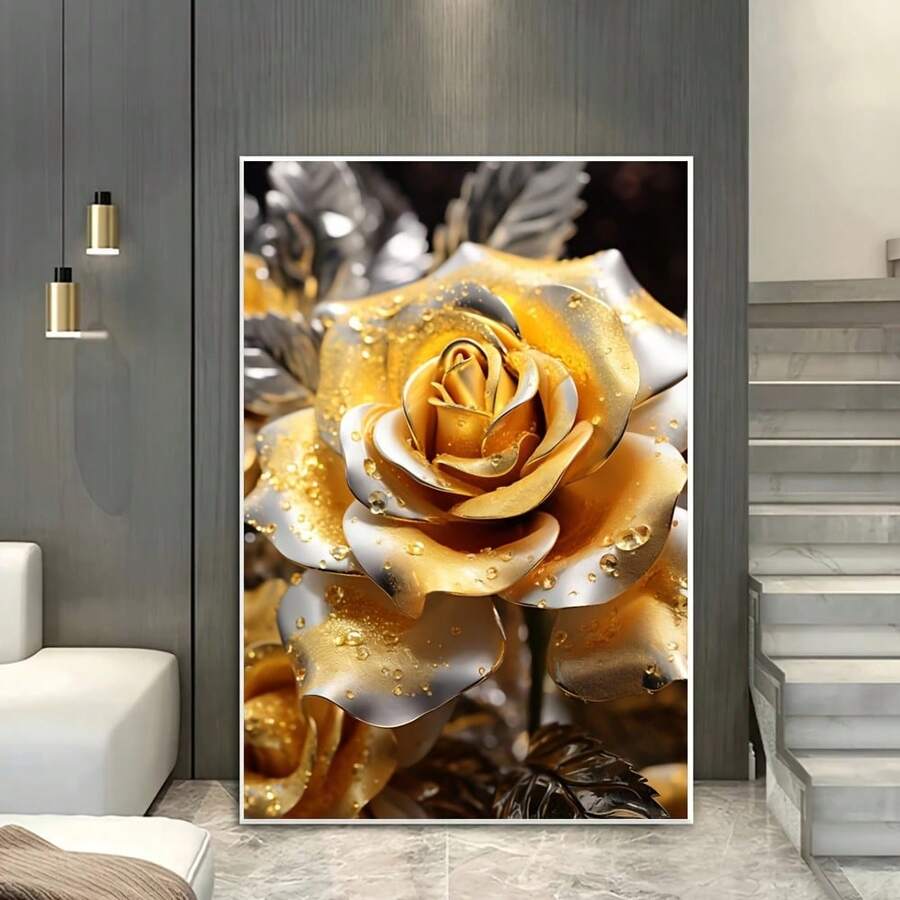1pc Frameless Modern Abstract Golden Rose Canvas Art Print, Large Wall Decor Poster For Living Room And Bedroom, 31.49 X 47.24 Inches, Elegant Floral Design, No Power Supply Needed - Multicolor - View 1