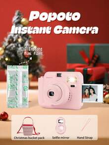 Popoto Mini Instant Camera Includes 10 Sheets Film With Auto Exposure Built-In Flash Center Viewfinder Perfect Christmas Gift(Not Include Battery) - 相機+底片+自拍鏡+聖誕節水桶包 - 查看 1