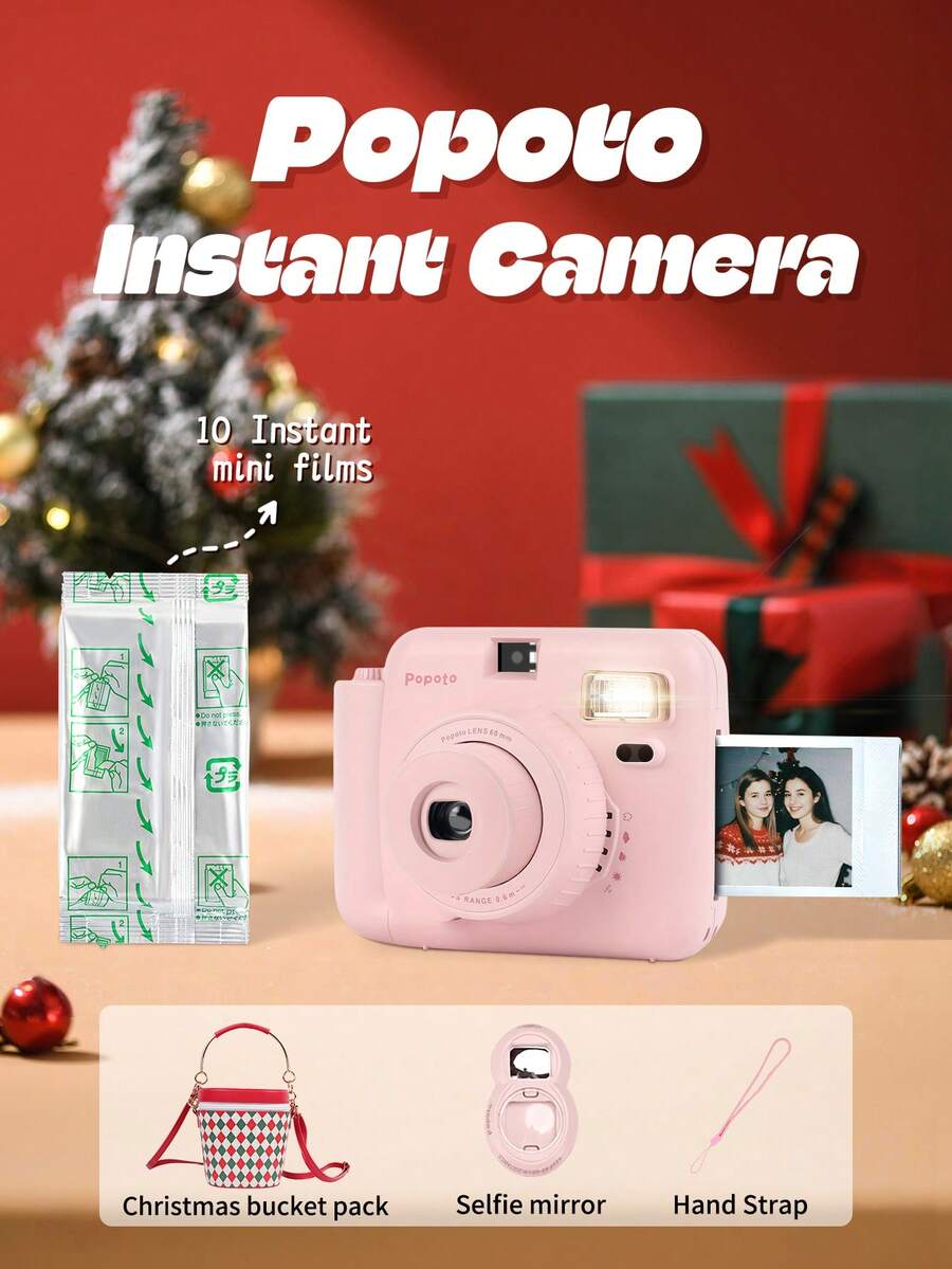 Popoto Mini Instant Camera Includes 10 Sheets Film With Auto Exposure Built-In Flash Center Viewfinder Perfect Christmas Gift(Not Include Battery) - 相機+底片+自拍鏡+聖誕節水桶包 - 查看 1