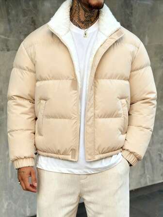 Abrigo acolchado de manga larga con botones y bolsillo en el frente, cuello, para hombre, unicolorido, para invierno