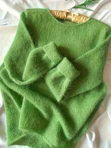 Maglione oversize da donna a tinta unita, collo rotondo, maniche lunghe, maglia larga, adatto per estate, primavera, San Valentino, abito elegante - Verde Oliva - Visualizzare 1