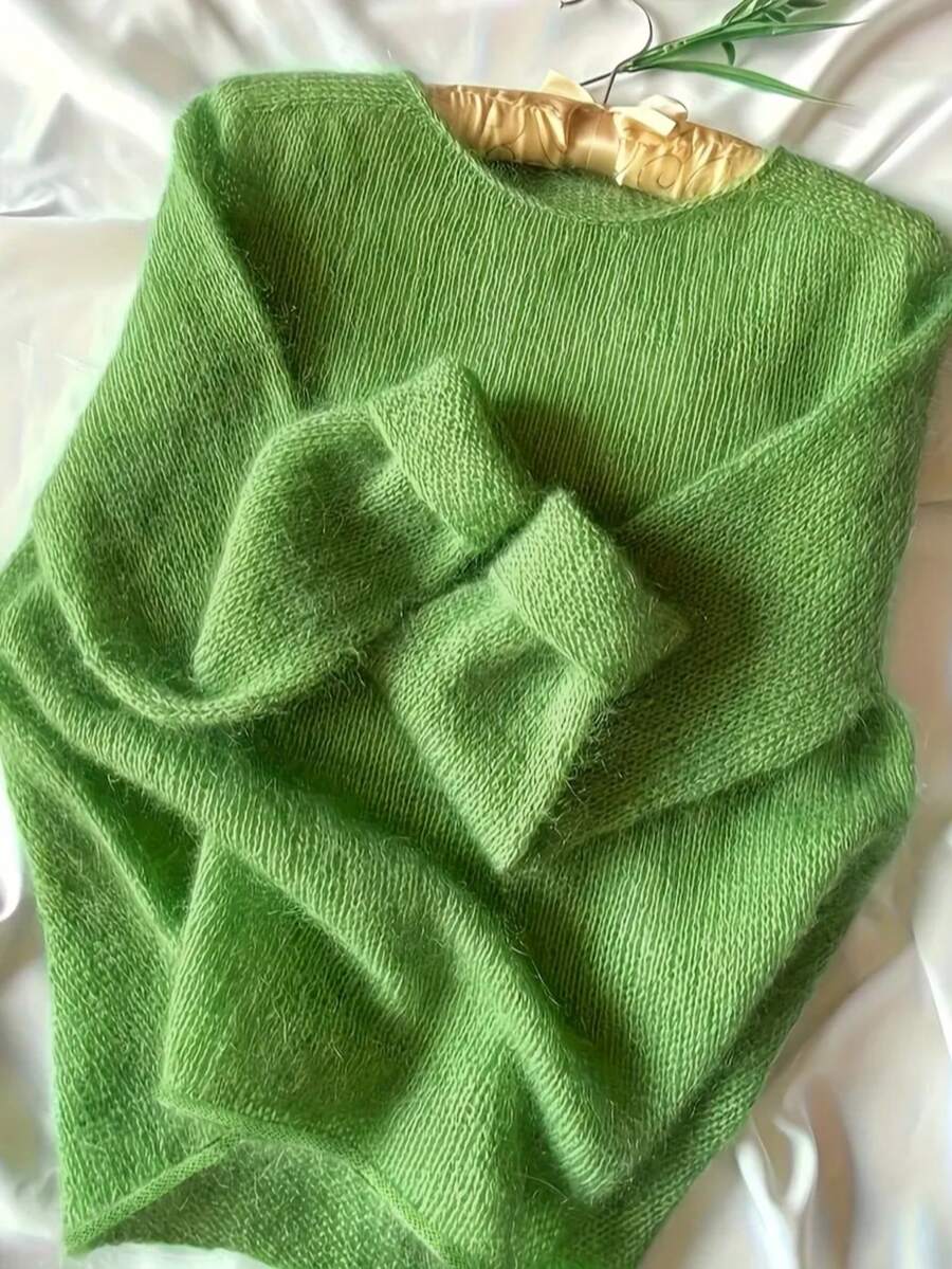 Maglione oversize da donna a tinta unita, collo rotondo, maniche lunghe, maglia larga, adatto per estate, primavera, San Valentino, abito elegante - Verde Oliva - Visualizzare 1