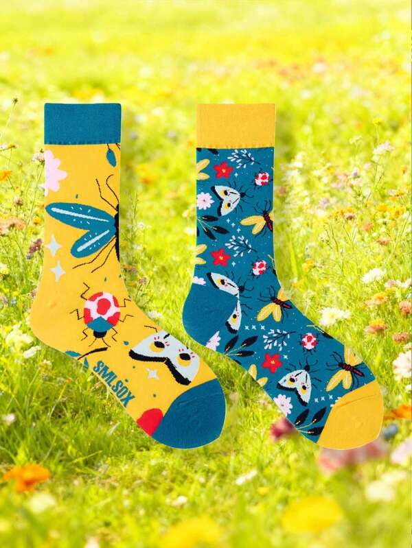 1 Coppia di calzini equipaggio con motivo a farfalla carino e divertente, comodi per uso quotidiano, sport e feste in primavera, estate e autunno, adatti sia per donne che per uomini