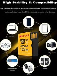 Kodak 柯达耐用高速 32GB 64GB128GB 256GB Micro SD 卡，防水，Class 10 U3，非常适合 4K 高清拍摄和广泛兼容性+适配器 - 黃色 - 查看 8