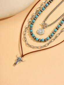 4pcs/Set Vintage Western Cowboy Style Multi-Layer Chain Necklace With Round Ox Head Pendant, Fashion Choker Necklace For Women, Suitable For Daily Wear, Music Festivals, Vacations, And Parties