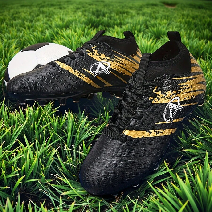 1双足球鞋，低帮户外软地足球鞋，适用于比赛和训练，系带设计，防滑，AG/FG鞋钉，轻便，高性能，防滑设计，校园足球鞋，专业运动鞋，五人制足球鞋，厂家直销，多种颜色可选 - 黑金 - 查看 1
