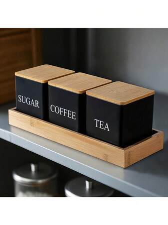 3pcs Black & White Storage Jars, Metal Coffee Bean, Sugar And Tea Leaf Canisters, Everyday Kitchen Organization