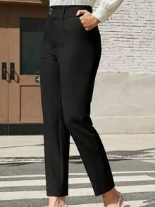 Women's Casual Business Solid Color High Waist Double Button Design Slant Pocket Slim Fit Skinny Pants Black - Black - View 2