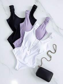Kit 3 Basic Bodysuits With Thick Straps And Elastic With Discreet Neckline, Shapewear, Versatile Casual Fashion, Casual, Gringa Blogger - 黑白淡紫色 - 查看 1