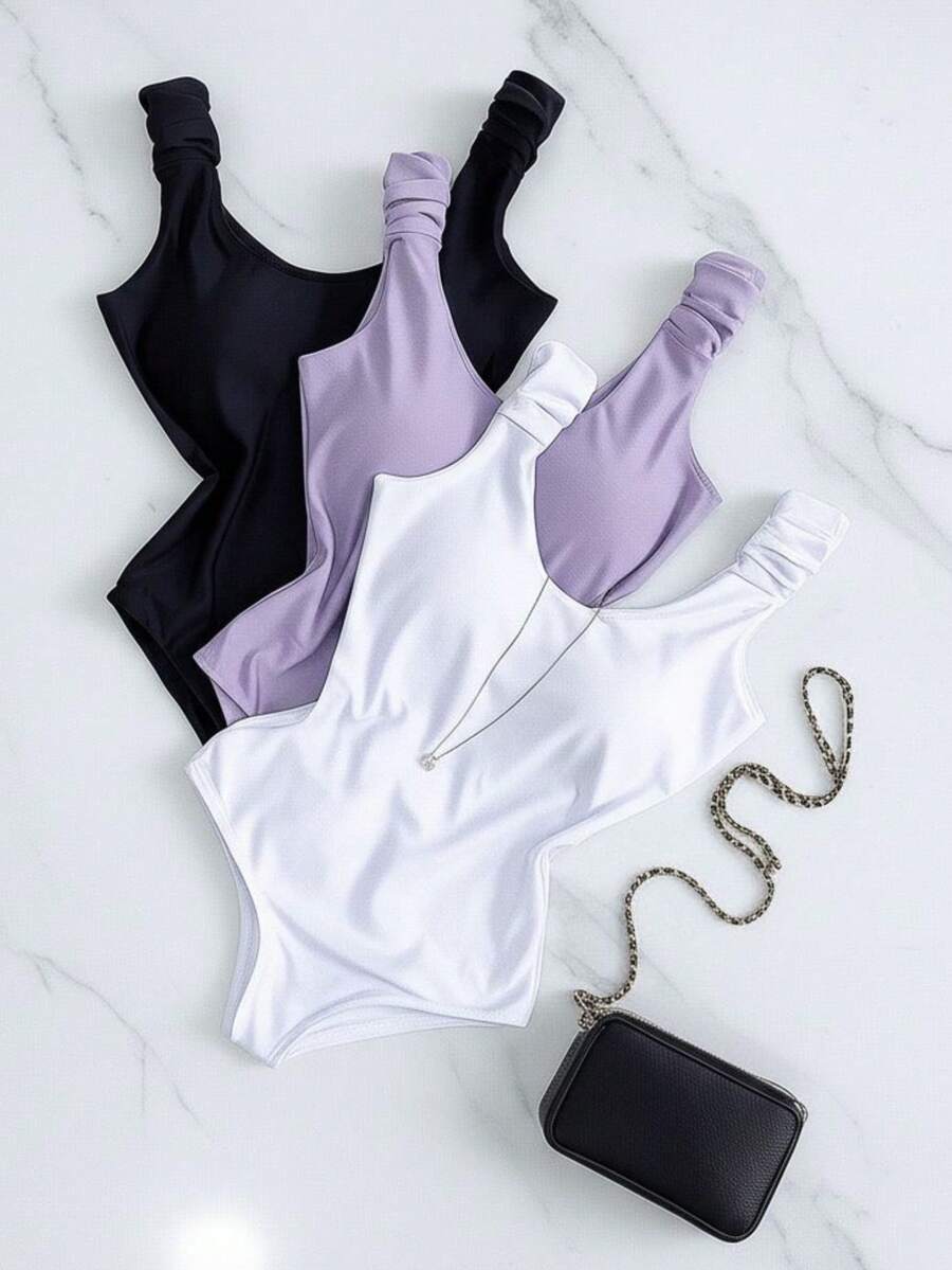 Kit 3 Basic Bodysuits With Thick Straps And Elastic With Discreet Neckline, Shapewear, Versatile Casual Fashion, Casual, Gringa Blogger - 黑白淡紫色 - 查看 1